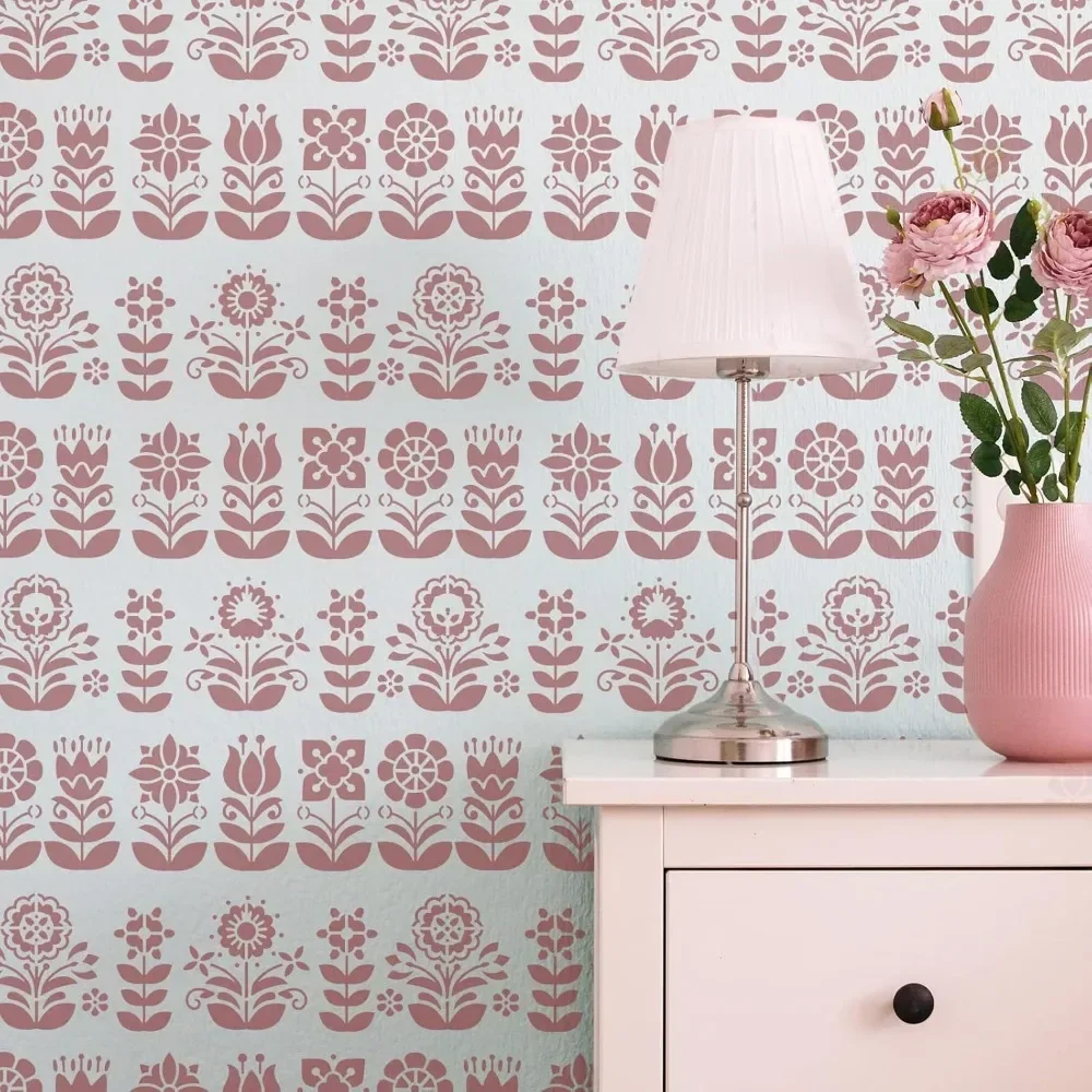Flower Border Stencil 11.7x8.3 inch Reusable Floral Pattern Wall Stencil DIY Spring Floral Painting Template Abstract Folk
