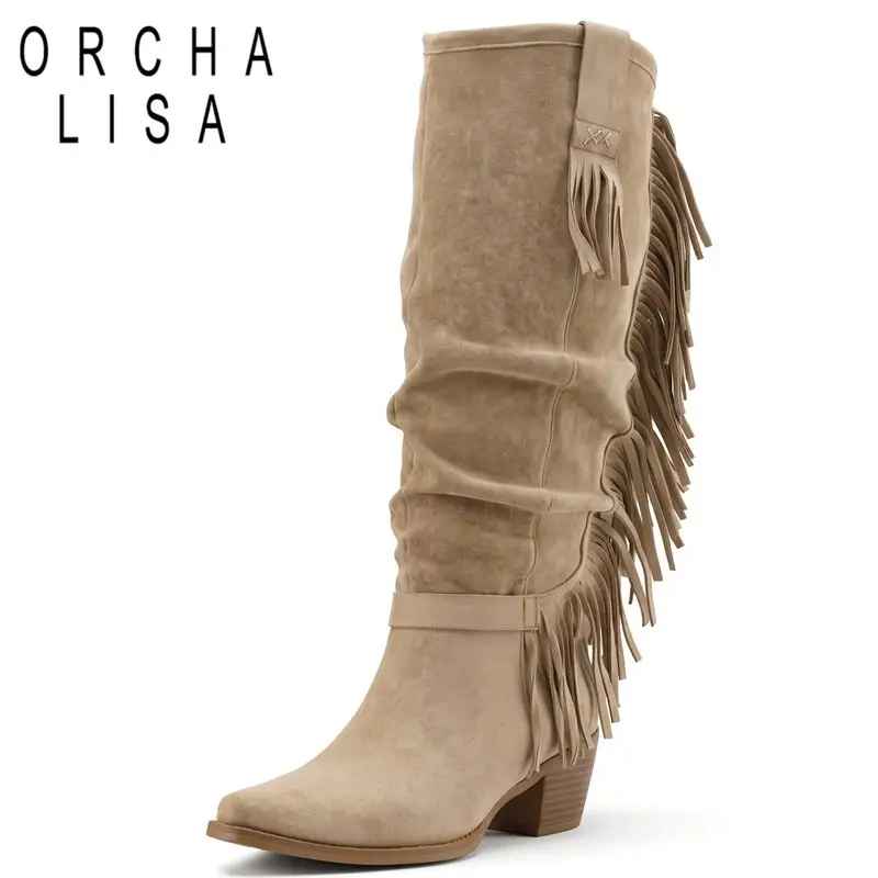 ORCHA LISA Khaki Women's Knee Knee High Boots Flock Suede 5cm Block Heel Slip On Fringe Fashion Botas Large Size 44 45 46 47 48