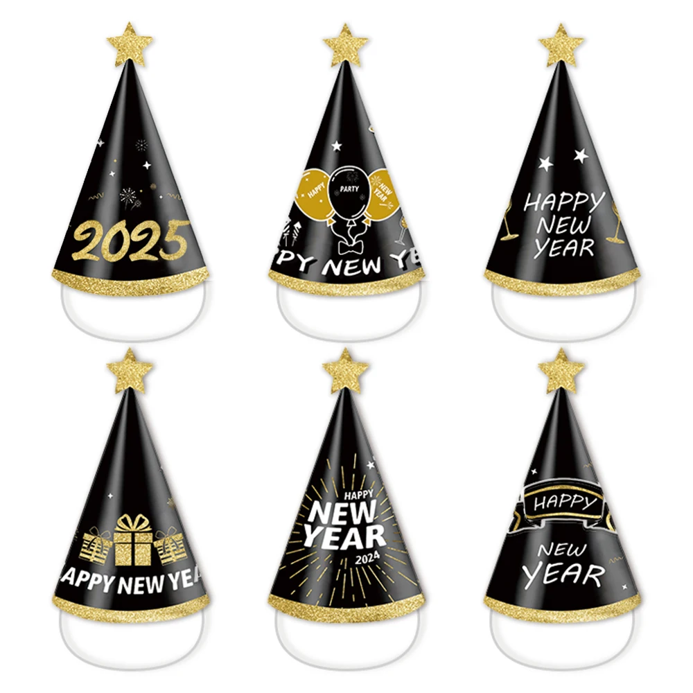6pcs Happy New Years Hats 2025 Novelty New Year Paper Star Cone Cheers New Year Party Favors for New Years Eve Party Decorations