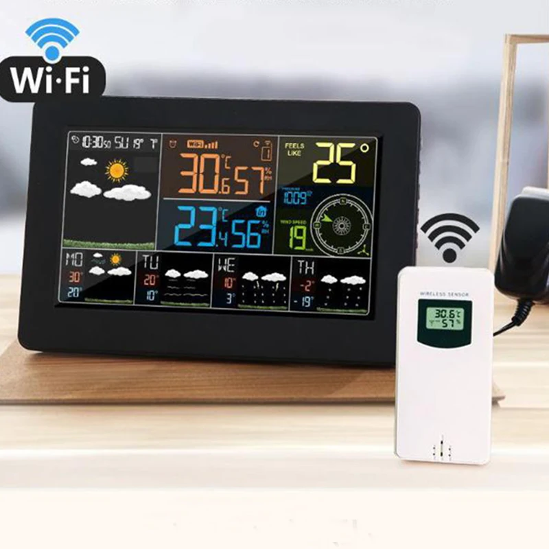 

Smart Wifi Weather Station with Wireless Outdoor Sensor Digital Time Calendar Temperature Humidity Wind Direction Speed Forecast