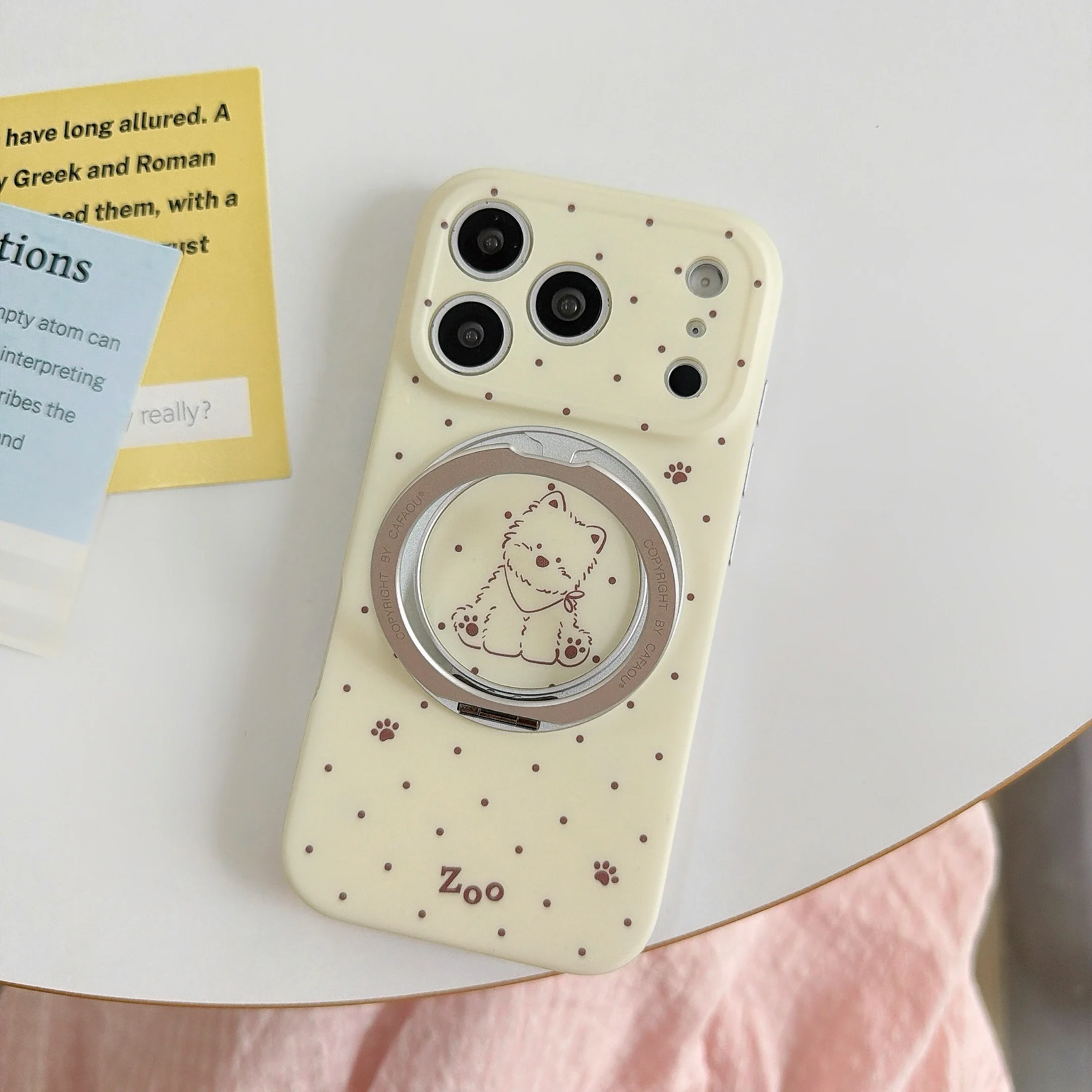 

Cute Beige Polka Dot Westie Phone Case with Metal Ring Holder for Women