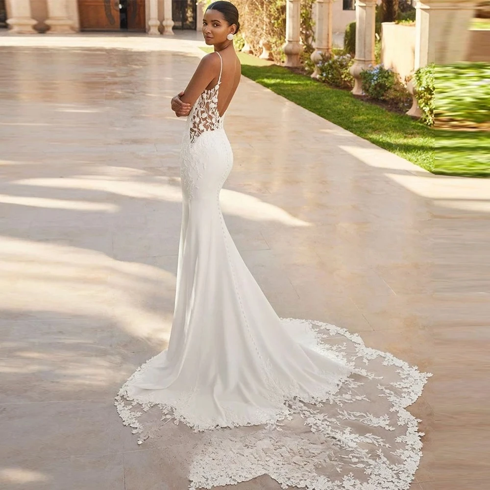 Sexy Deep V-neck Mermaid Wedding Dresses Spaghetti Straps Appliques Sweep Train Bridal GownSee Through Back vestido de novia
