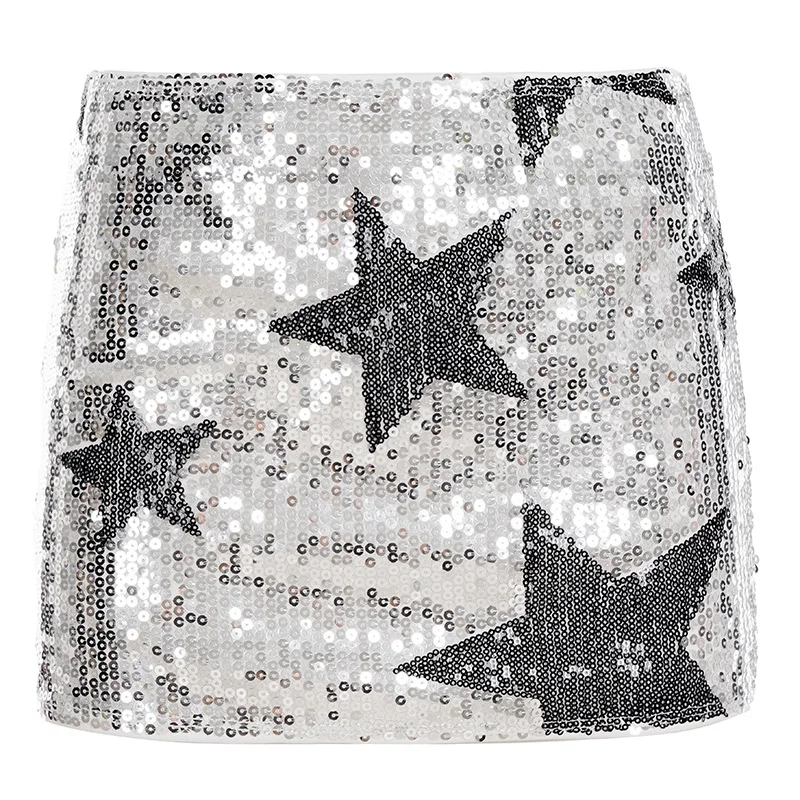 Summer Women's Star-shaped Sparkly Sequin Mini Skirt Mid Rise Slim Fit Bodycon Short Skirt For Party,Music Festival，Birthday,Bar