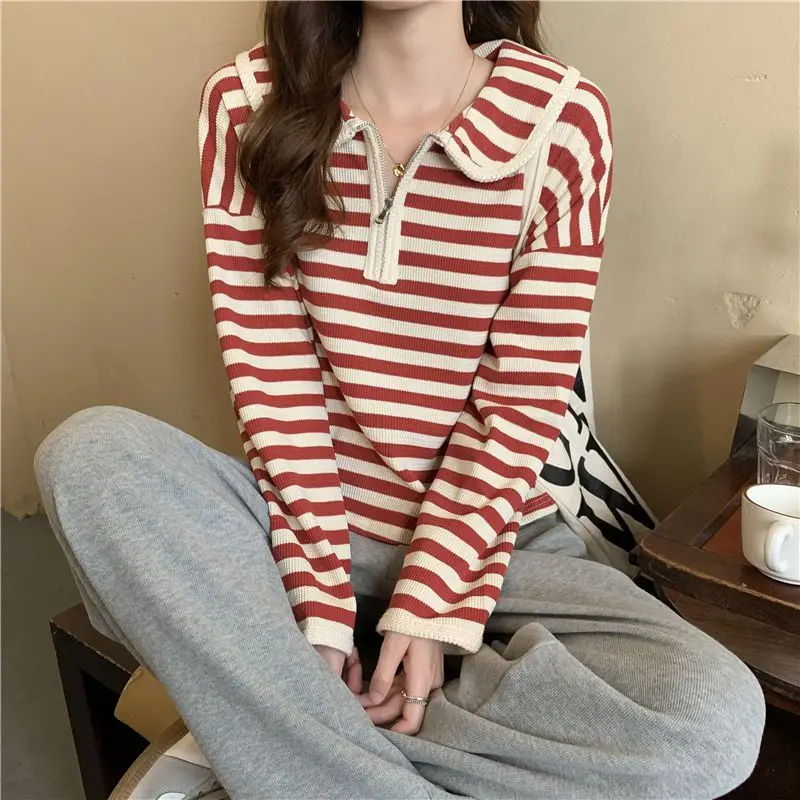 

Yasuk Autumn Spring Fashion Woman Solid Casual Striped Lapel Neck Pullover Retro Women's Loose Top Tess Soft College Style