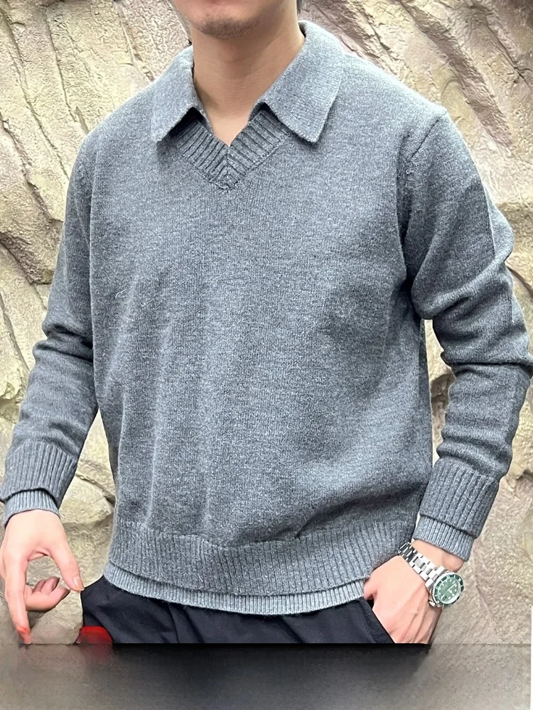 

Italian Sle Men's V-Ne Collar Sweater Fake Two-Piece Design Knitted High-End Autumn Winter Warm Loose Fit Daily Wear