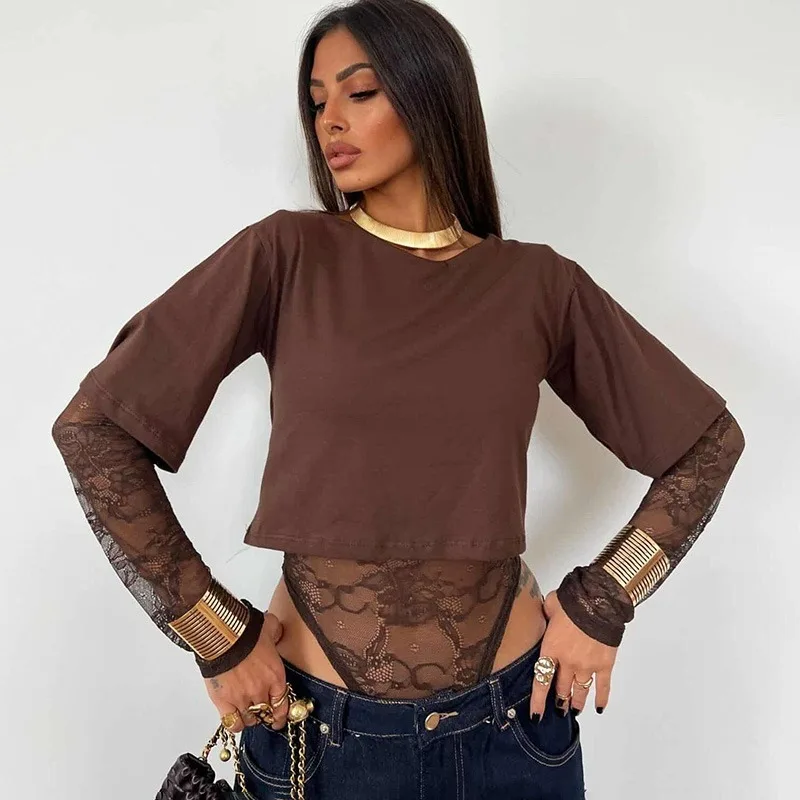 

Ticketsx Sexy Lace Patchwork Jumpsuit Top Solid Hollow Out Slim T-Shirts Summer Fashion New Party Clubwear Y2K Women's Clothing