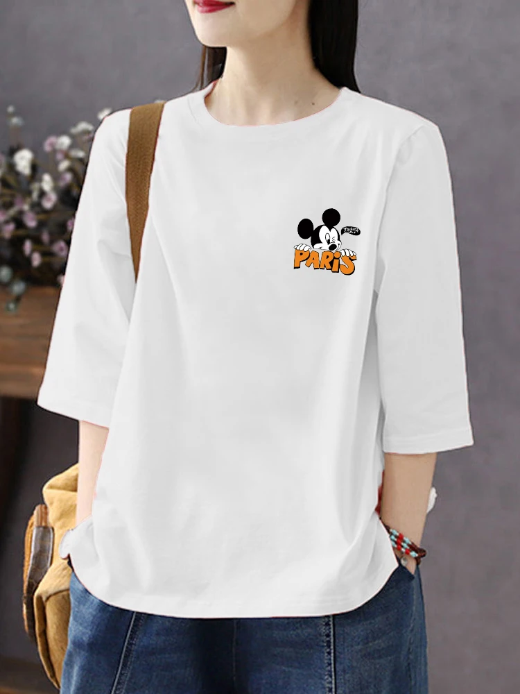 

Loose Fit Pure Cotton Base Shirt Women's Seven Sleeve Inner Wear round Neck Split Tummy Cover Spring Summer Style Top