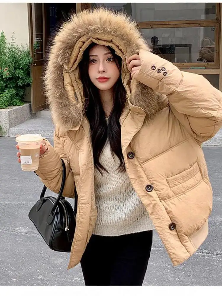 Autunno Inverno Vestiti imbottiti in cotone Parka Piumino in cotone Collo in pelliccia Con cappuccio Donna Spessa calda antivento Tasche grandi
