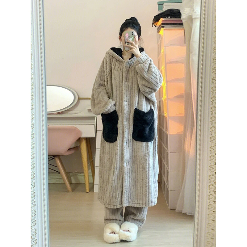 Pocket Robe for Women Sleepwear Hooded Nightdress Winter Fleece Pajama Night Wears Warm One Piece Nightgown Long Sleeve Homewear