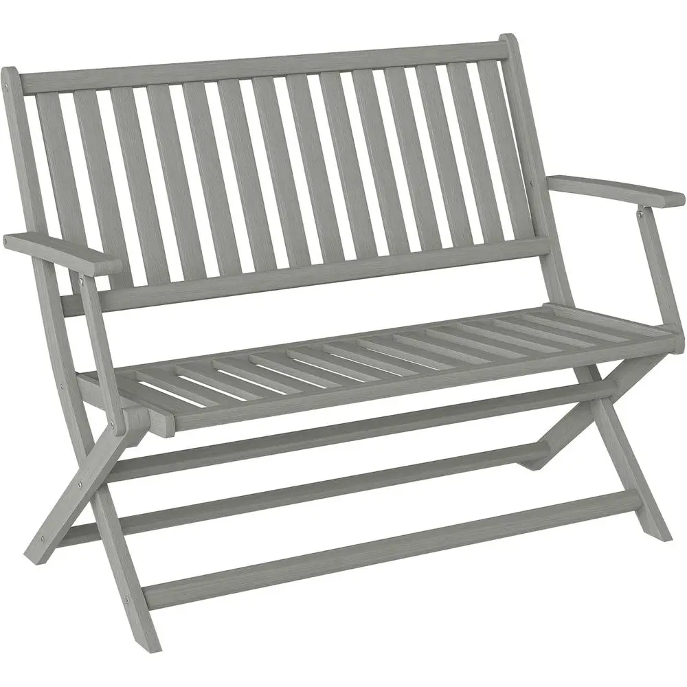 

Складная скамейка для патио из акации на 2 человек с подлокотниками и спинкой для улицы, серая