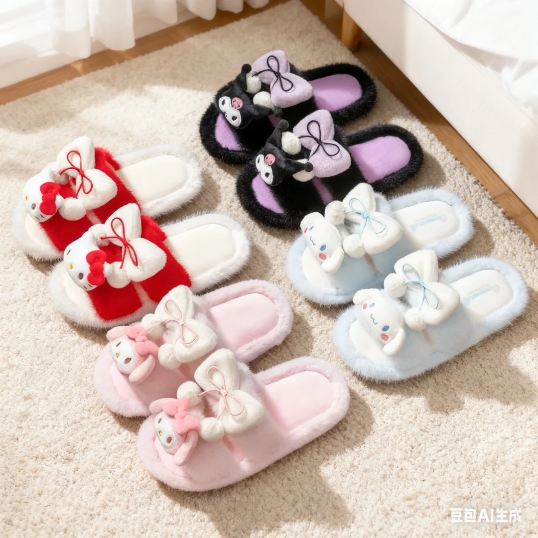 Zapatillas para niños de felpa de dibujos animados, zapatos planos de moda de otoño para niñas, zapatillas de casa antideslizantes cálidas de diseñador, color morado y rosa, talla 36-41