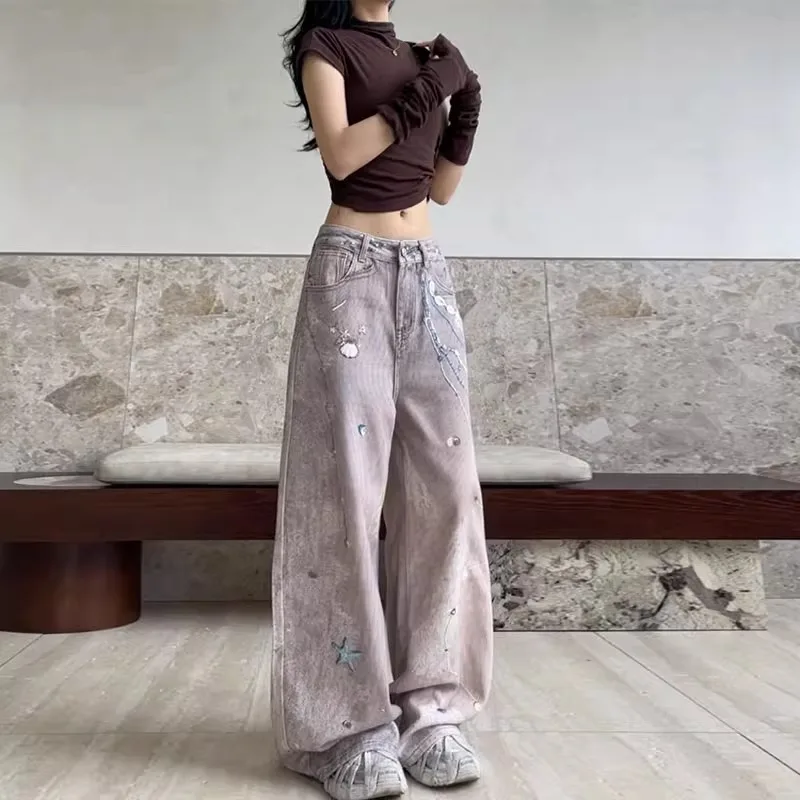 شل طباعة المتعثرة غسلها الجينز Y2K فضفاض الصيف المرأة صالح التخسيس واسعة الساق StraighPaants الأمريكية خمر حفرة الشاي #5