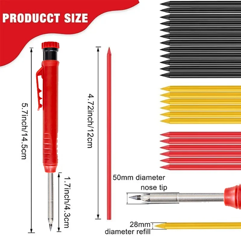 Solid Carpenter Pencil Refill Set Long Nosed Deep Hole Mechanical Pencil Marker Built-in Sharpener for Carpenter Woodworking