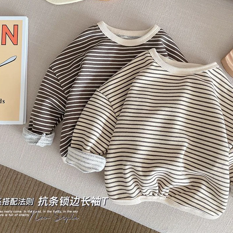 Spring Autumn New Boys Sweatshirts Cotton Loose Fitting Striped Long Sleeve Shirt For 2-8 Years Kids Outerwear Clothes