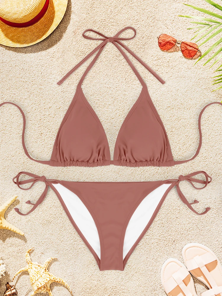 2 قطعة ملابس السباحة مثير عارية الذراعين بيكيني دعوى المرأة لون نقي الخامس الرقبة الحمالات ثوب السباحة 2025 العصرية الجديدة الصيف بحر #5