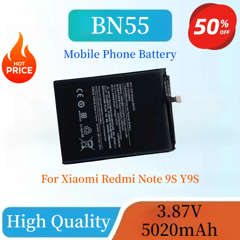 

High Quality Brand New BN55 3.87V 5020mAh Mobile Phone Battery For Xiaomi Redmi Note 9S Y9S Replaceable Battery