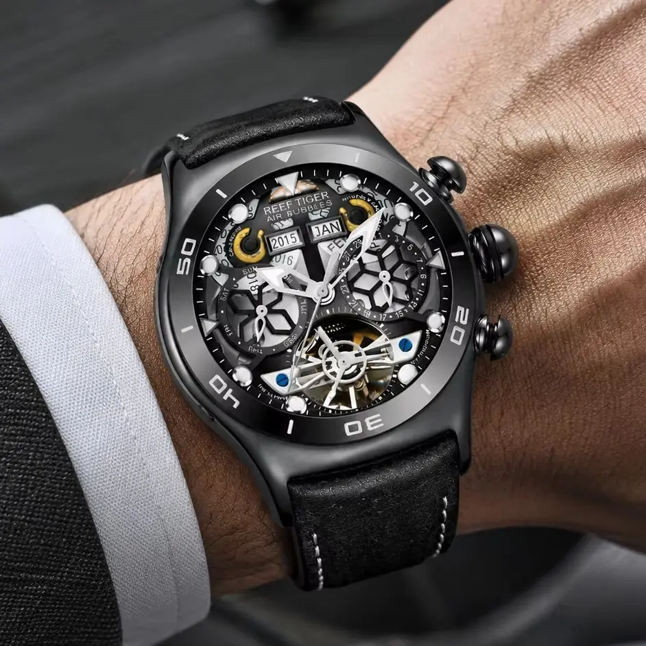 Reef Tiger/RT Men Automatic Sport Watch Tourbillon Luminous Stainless Steel Sapphire Waterproof Year Month Date Calendar