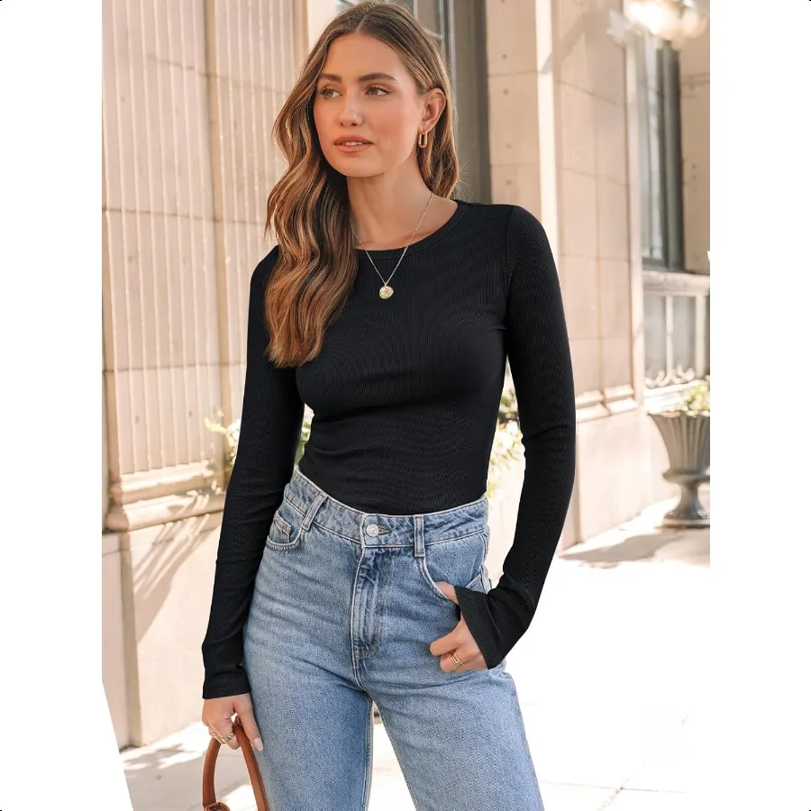 Camisas femininas com nervuras AUTOMET, gola redonda, tops justos, casuais, camada slim, camisetas básicas