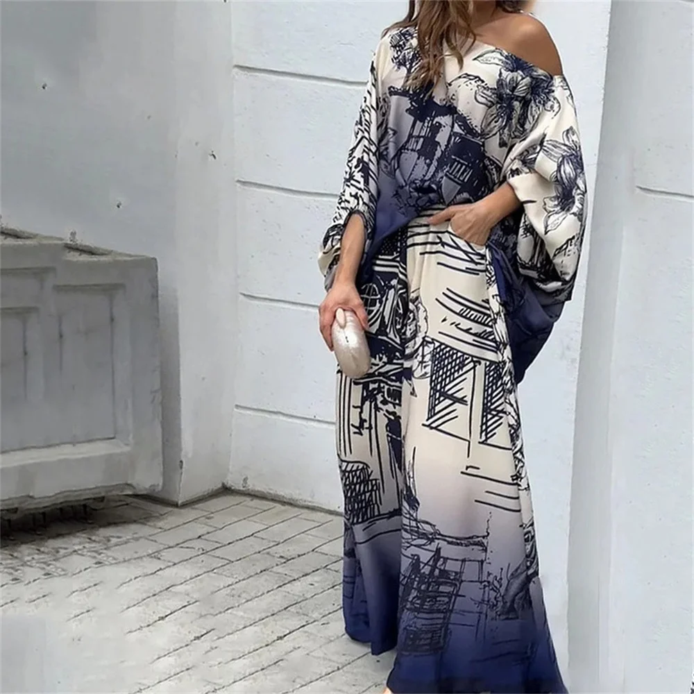 Women Print Loose Long Sleeve Sets 2024 Diagonal Collar Tops and Wide Leg High Waist Long Pants Suit Lady High Street Outfit