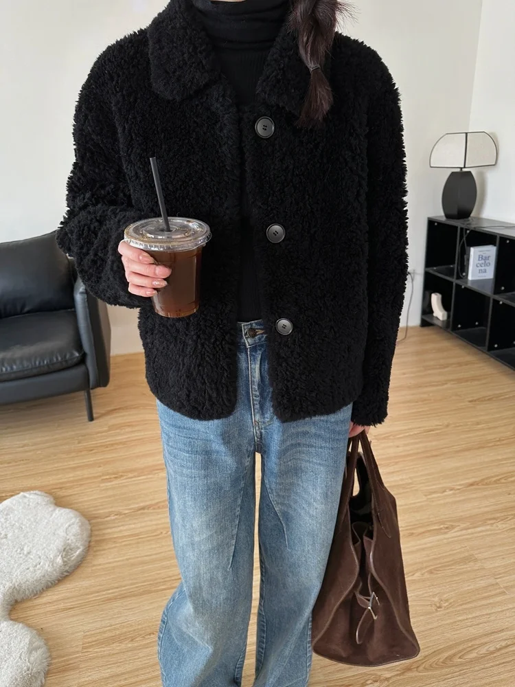 

Korean Sle Lamb Fur ort Coat Women's Turn-down Collar Inteated Leather And Fur Warmth Pure Color Universal Fit Long Sve