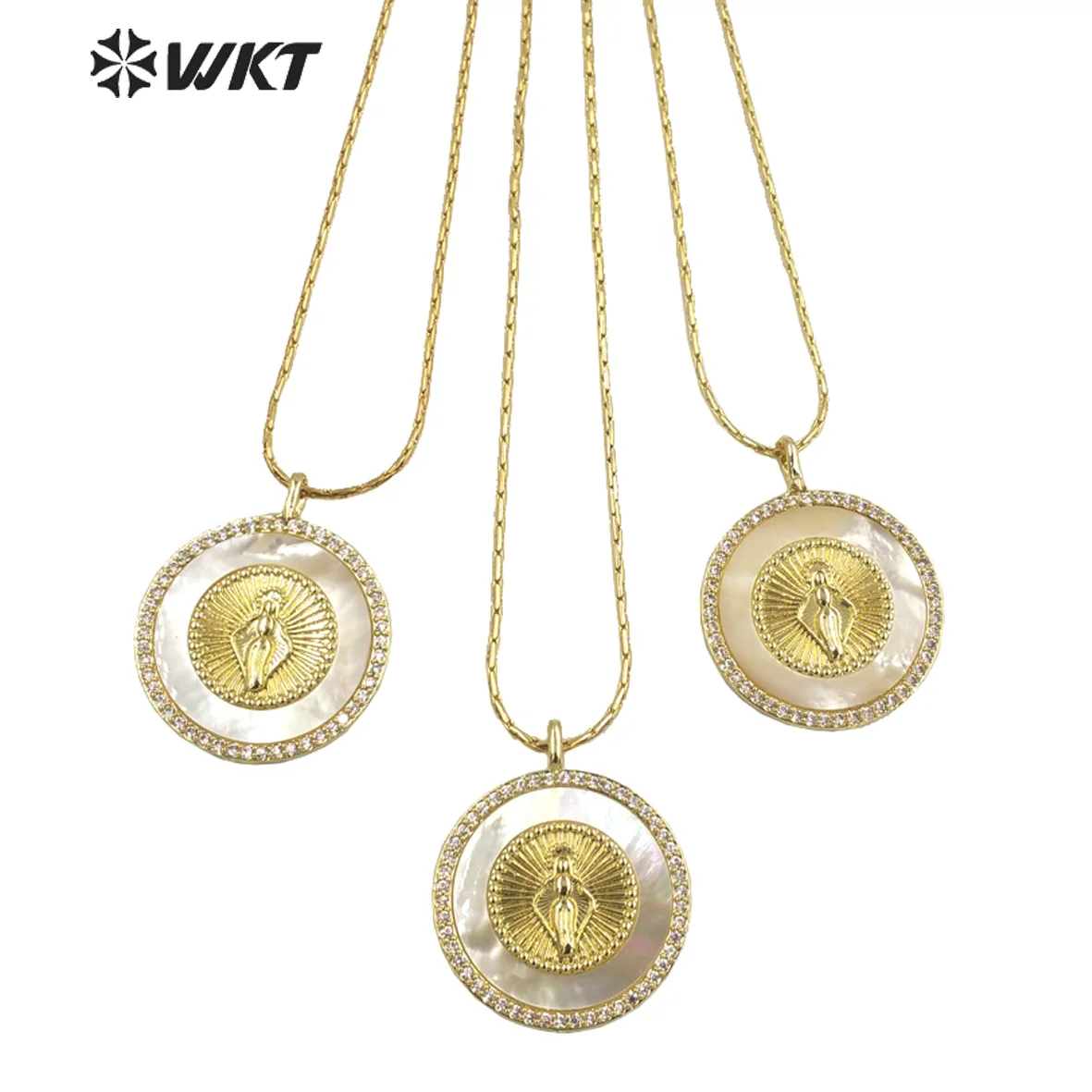 WT-MN982   WKT 2023  Religious Style Natural Shell & Zircon New Chain Design Jewelry SALE  Virgin Mary Chain Necklace Party
