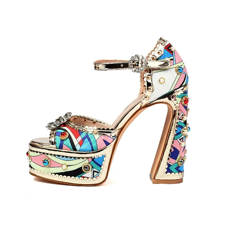 

Summer Sandals Flowers Print Block Heels Thick Heeled Platform Shoes for Girls Ultra High Party Luxury Wedding Shoes Sandalias