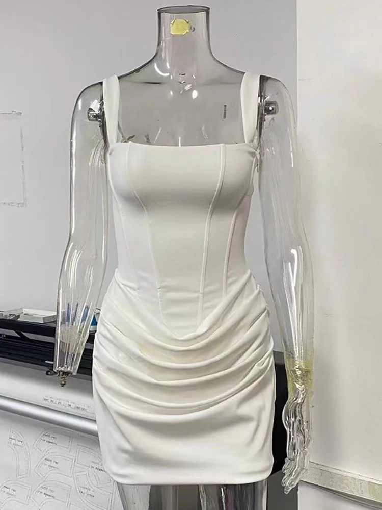 فستان Mozision قصير مثير مكشكش بدون ظهر للنساء أنيق بأشرطة مدببة وياقة مربعة بدون أكمام بخصر عالٍ فستان حفلات النادي