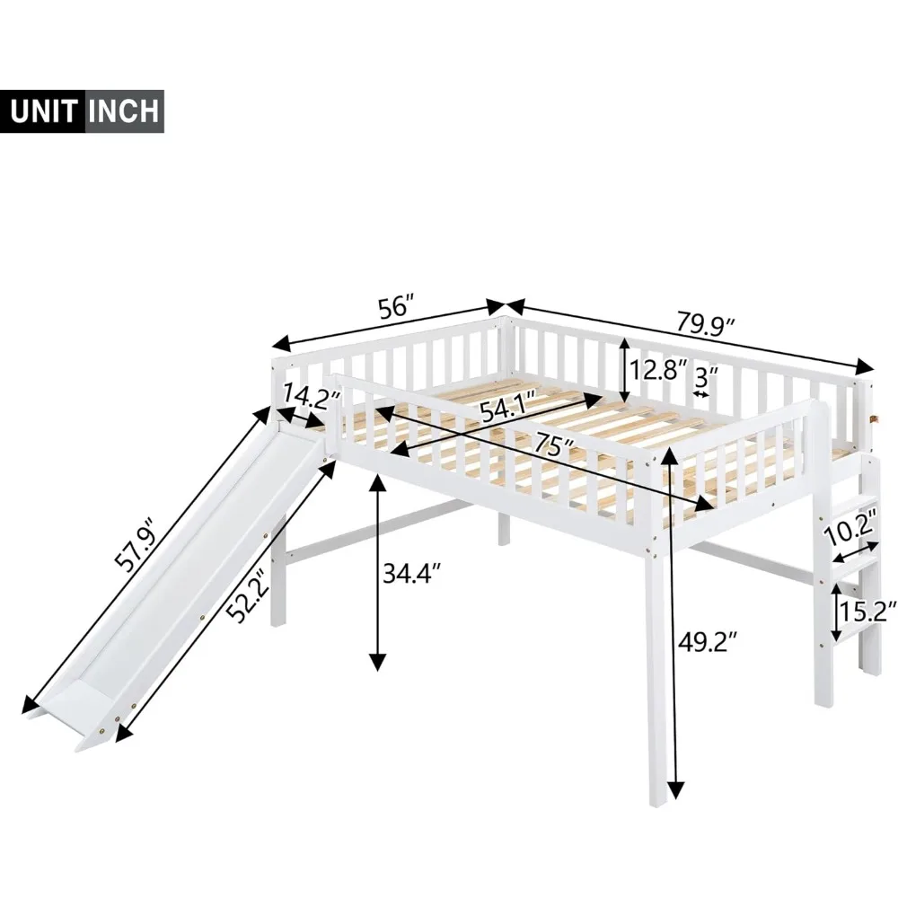 Full Size Junior Wood Loft Bed with Slide Loft Bunk Bed for Girls Boys,Easy Assemble Furniture Princess Style Children Beds