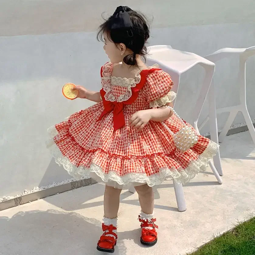 Spanish Vintage Lolita Plaid Ball Gown Lace Bow Stitching Design Birthday Party Princess Dresses For Girls Easter Eid