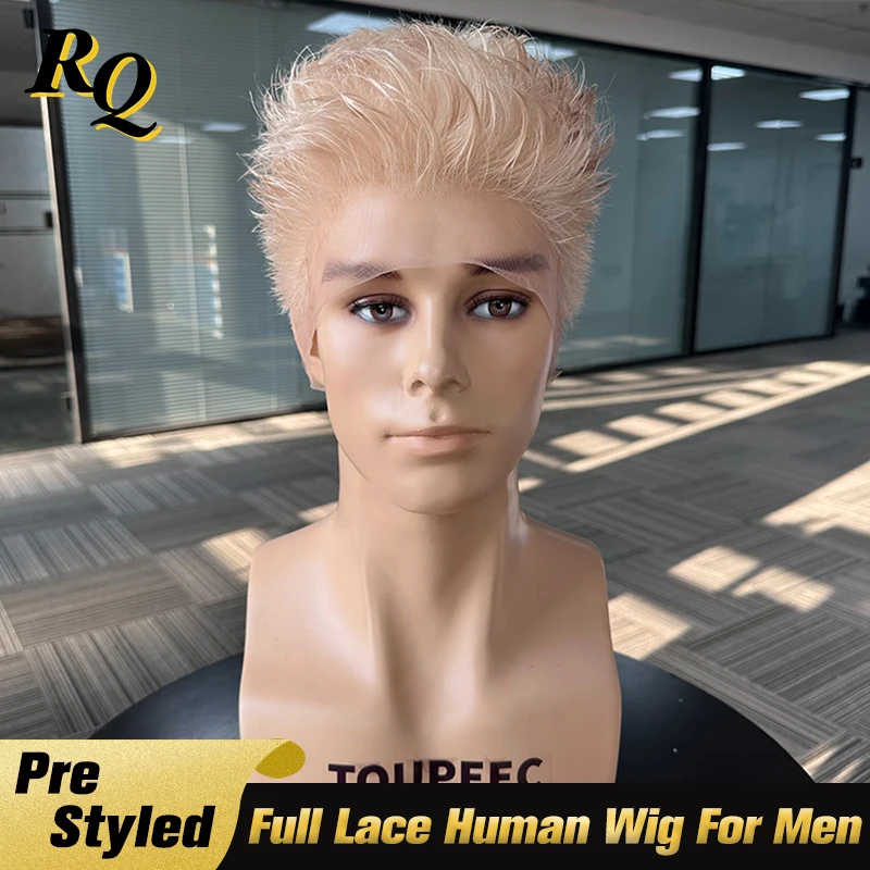 Pre Styled Blonde Color Full Lace Wigs For Men Transparent Lace Wigs Mens Toupee Hair System Replacement Male Fashion Hair Style