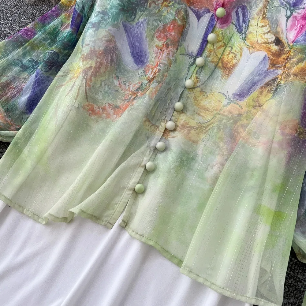 Abito da donna sexy in chiffon con stampa vintage, manica svasata, monopetto, scollo a V, elegante abito lungo slim a maniche lunghe