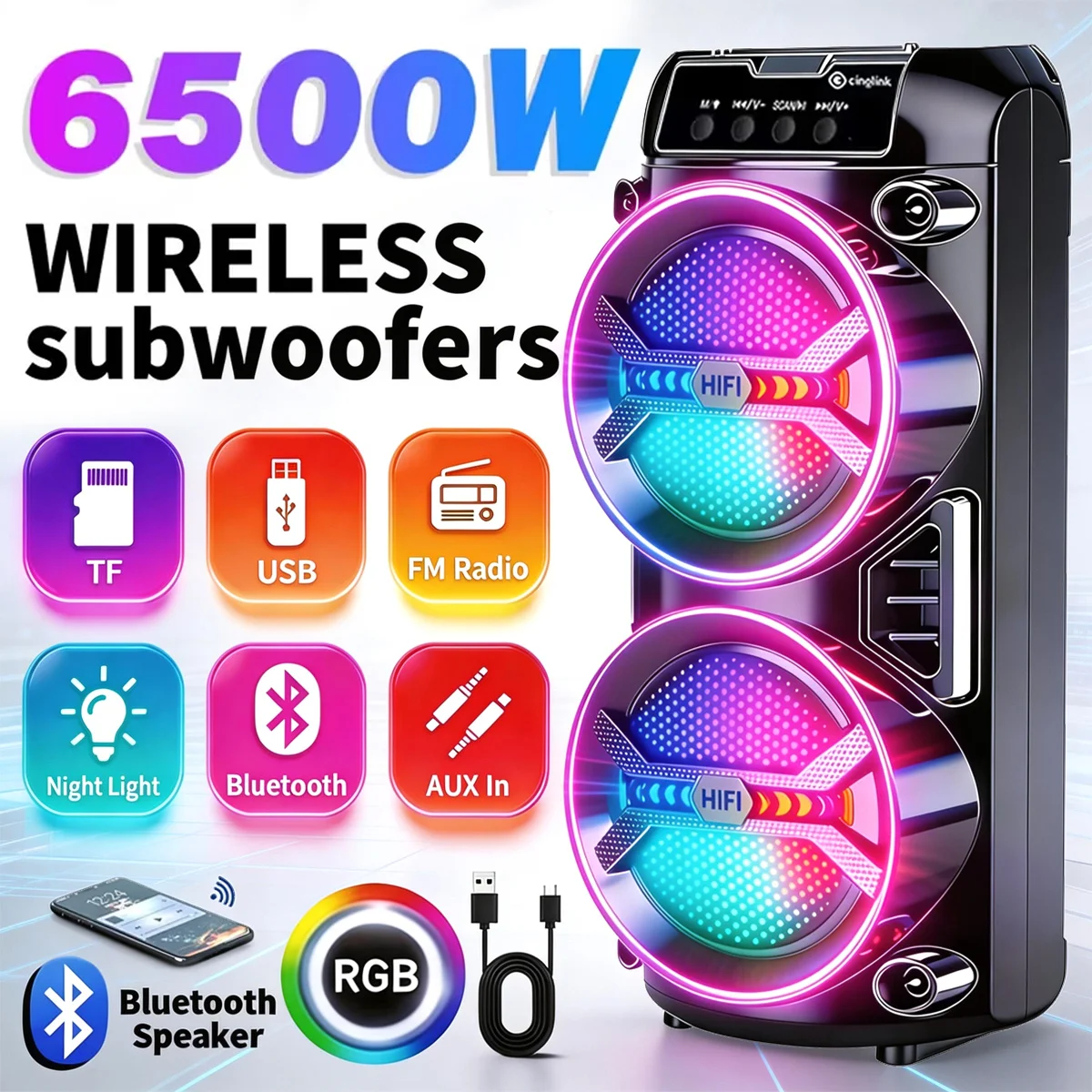 Portable Wireless Speaker with RGB LED Lights, TF/USB/FM Radio, AUX In, Night Light, Party Speaker for Home OutdoorCamping Gifts