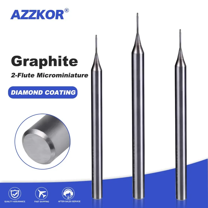 AZZKOR CNC Process Diamond Coated Carbide Straight Shank Flat/End Nose End Mill 2-Flute Micro Diameter Graphite Milling Cutter