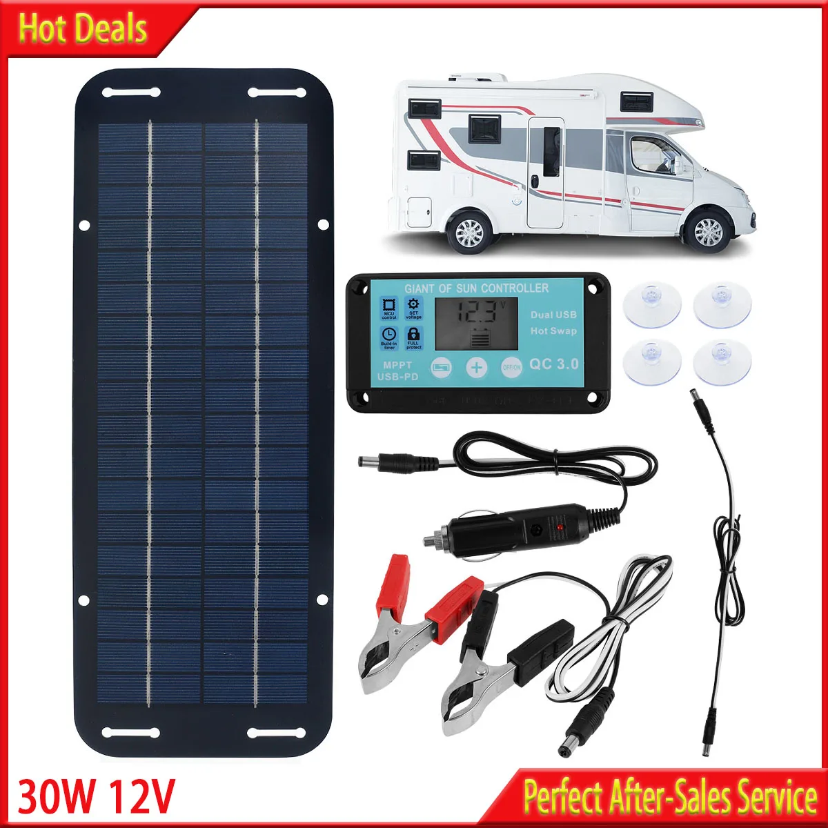 Solar Panel Kit 12V 30W IP65 Waterproof Solar Trickle Charger Portable Monocrystalline Solar Powered Battery Charger with