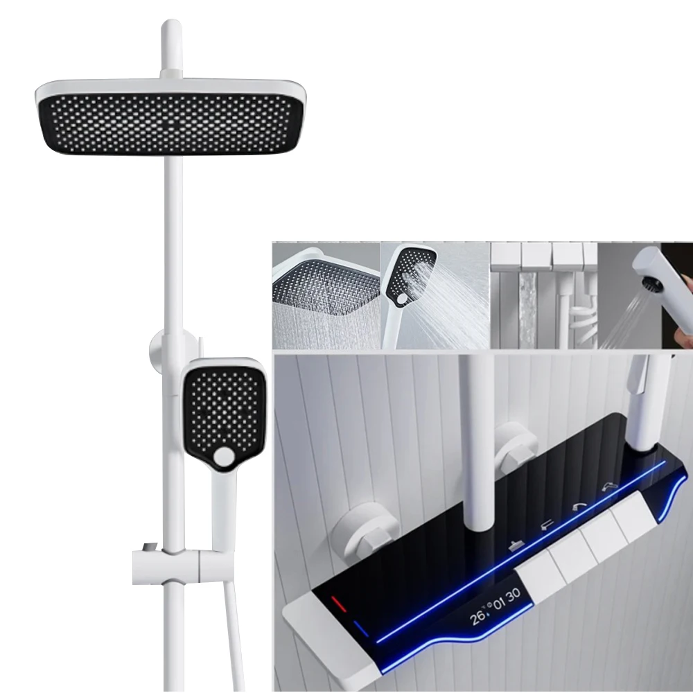 

Термостатическое фортепиано, душевые наборы для ванной комнаты, цифровой дисплей, смеситель для душа с дождевой системой, 4-ходовой белый душ для ванны