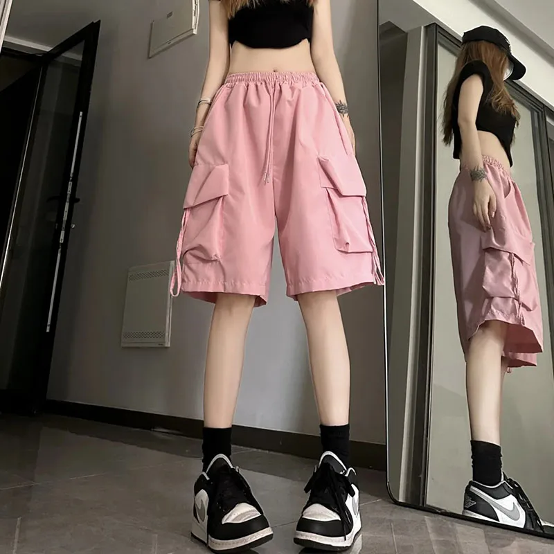 Women Cargo Shorts High Waist Drawstring Baggy Pockets Casual Knee-Length Shorts Bf Korean Streetwear Jogging Wide Leg Pants