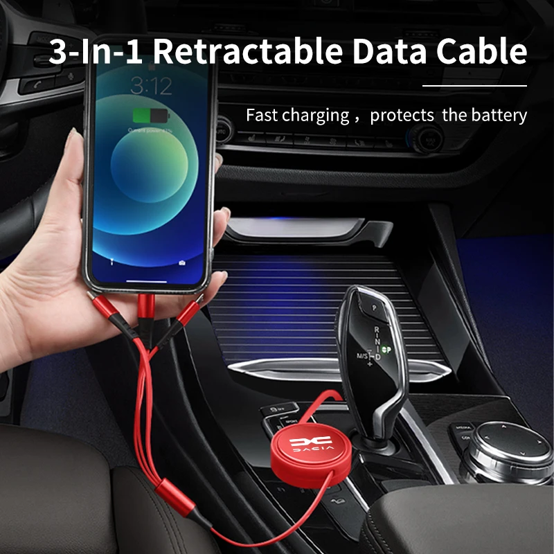 3 In 1 Micro USB Type-C Charging Cable Car Retractable Charger For Dacia Logan Duster Sandero Stepway 2021 Largus 1300 Lodgy Mcv