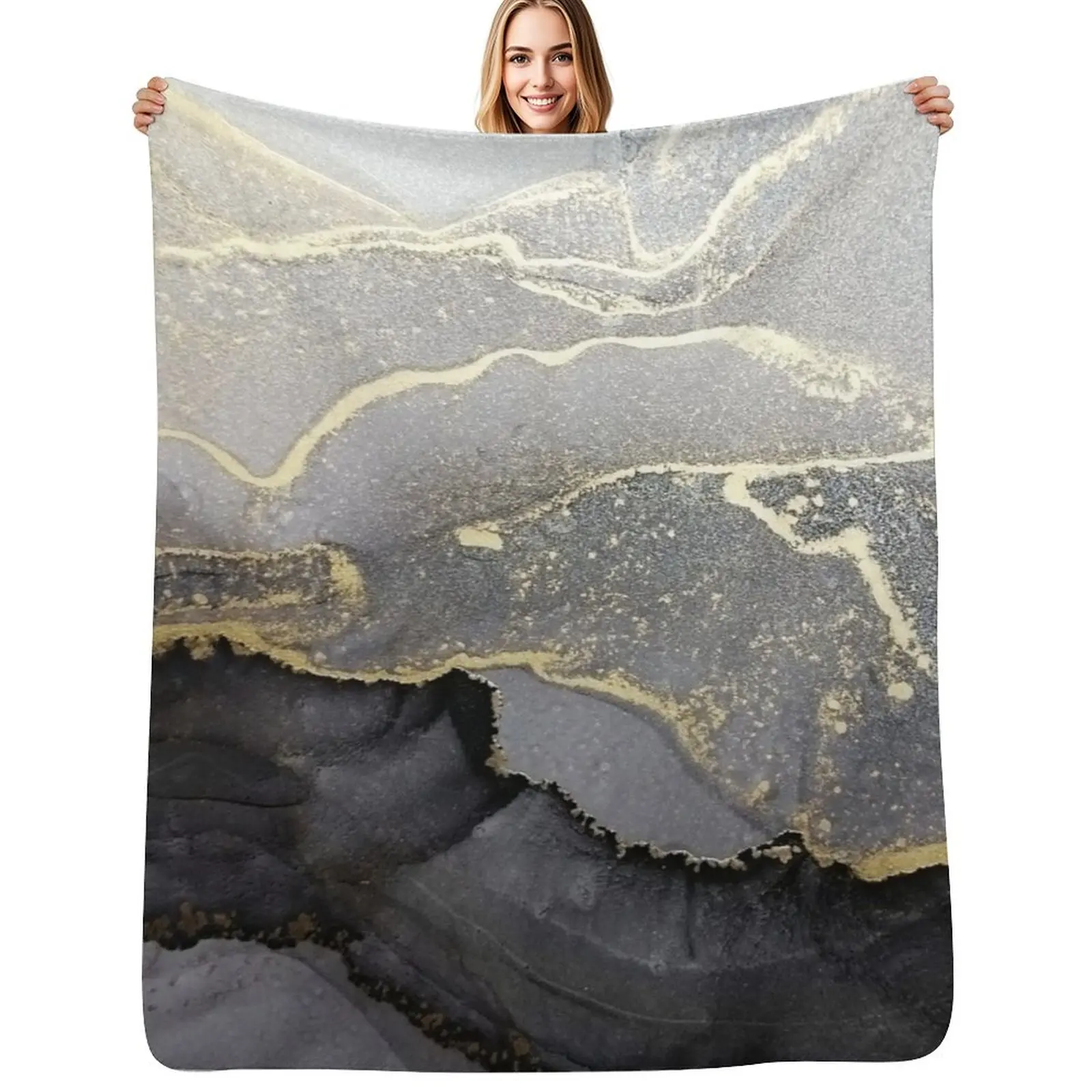 Elegant black gold marble ink abstract painting Throw Blanket Cute Soft Big warm winter Plaid for winter Thermal Blankets