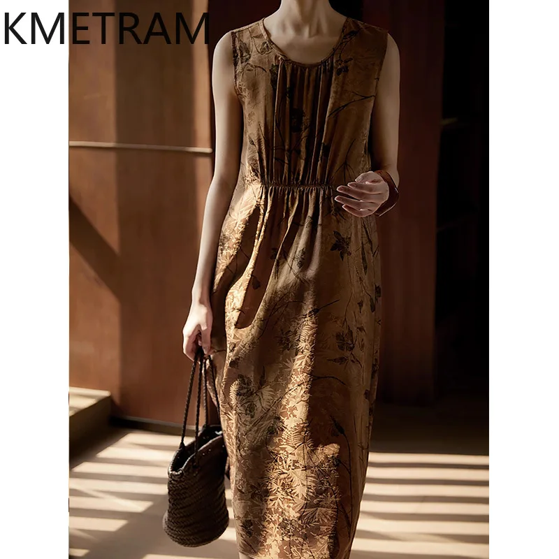 Kmram 100% vestidos regata de seda amoreira mulher vestidos sem mangas de luxo para roupas femininas vestido de verão de alta qualidade robe femme