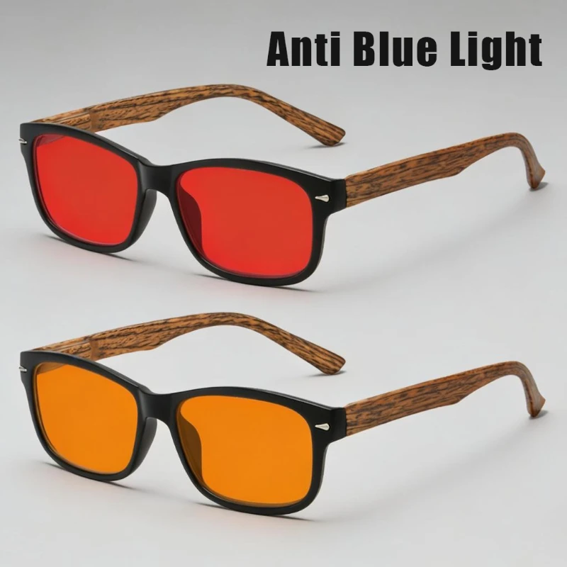 

Fashionable Small Square Frame Plain Glasses Retro Wood-Grain Temples Orange & Red Lenses Anti-blue Light Eyewear Men Goggles