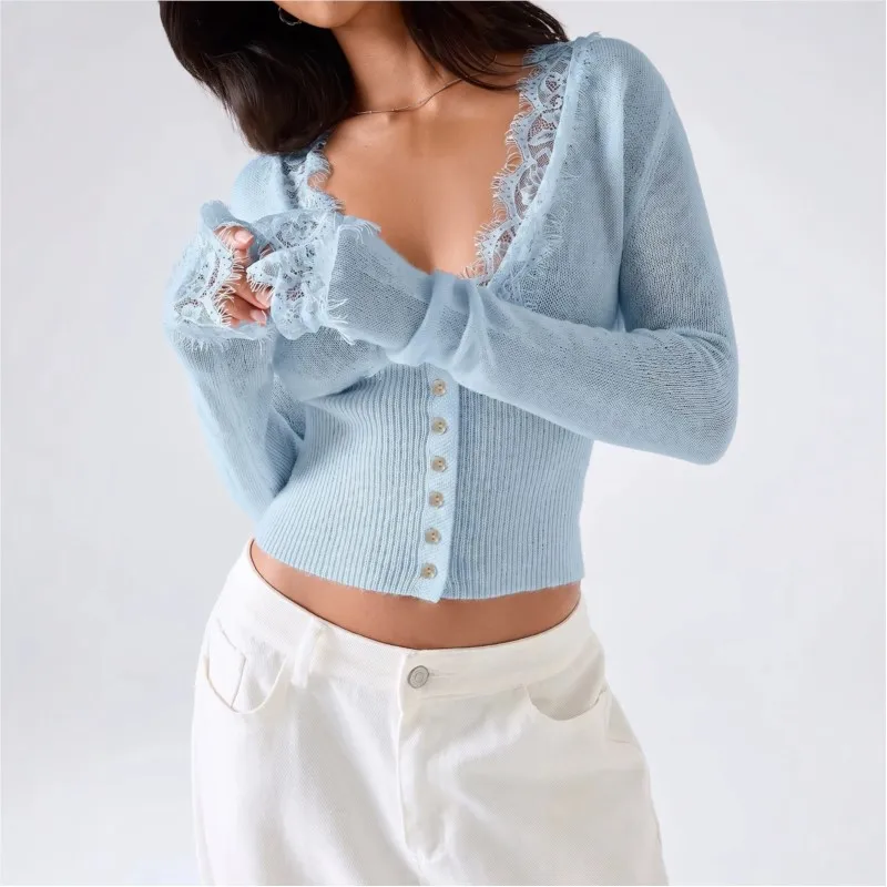 MsChuh Women's T-shirts And Polos Blusas Long Sleeve Tops Women's Jumper Sweater Trendy Lace Patchwork V-link Temperament Slim 2