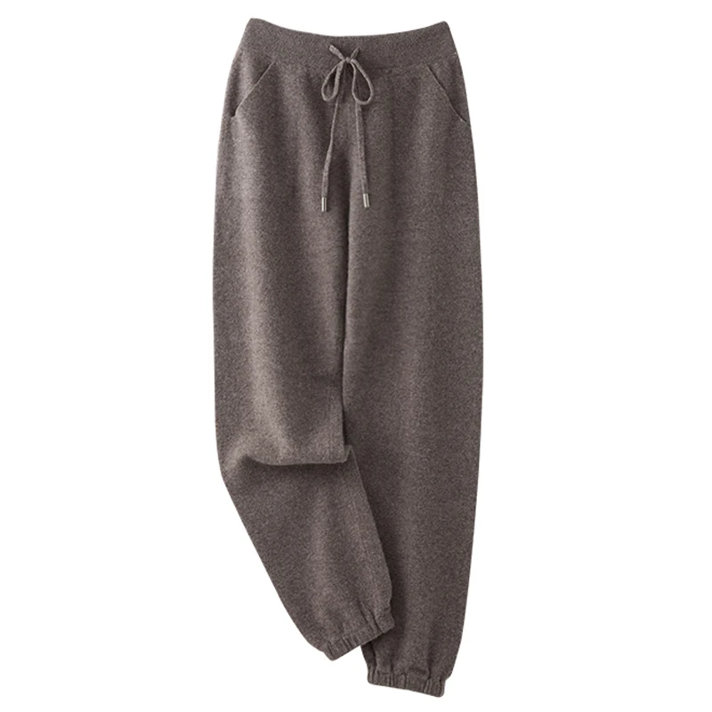 

Women's Wool Pencil Pants Drawstring Elastic Waist Trousers Autumn Winter Solid 100% Merino Wool Knitted Cashmere Pockets Pants
