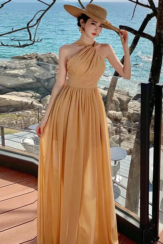 فستان صيفي فرنسي جديد أنيق للحفلات الراقصة فستان نسائي عتيق بدون أكمام مكشوف الأكتاف مثير بدون ظهر للعطلات فساتين ميدي