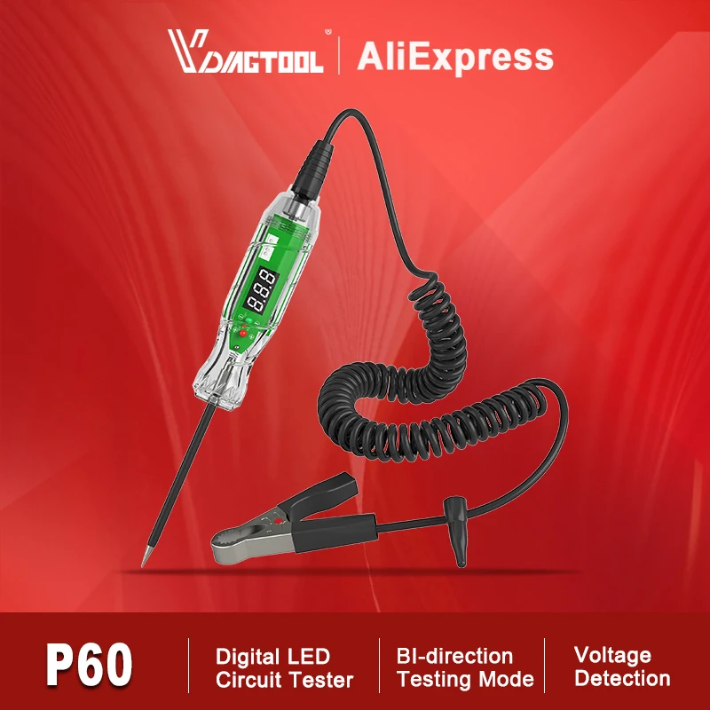 

VDIAGTOOL P60 Автомобильная тестовая лампа постоянного тока 3-70 В цифровой светодиодный тестер цепей обнаружение напряжения защита от перенапряжения двунаправленный тест