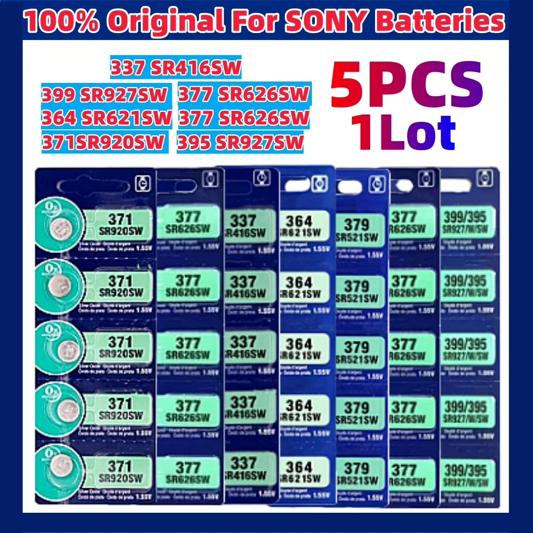 

NEW 5pcs For Sony 337 SR416SW Silver Watch Battery 364 SR621SW 371 SR920SW 377 SR626SW 379 SR521SW 395 399 SR927SW Coin Cell