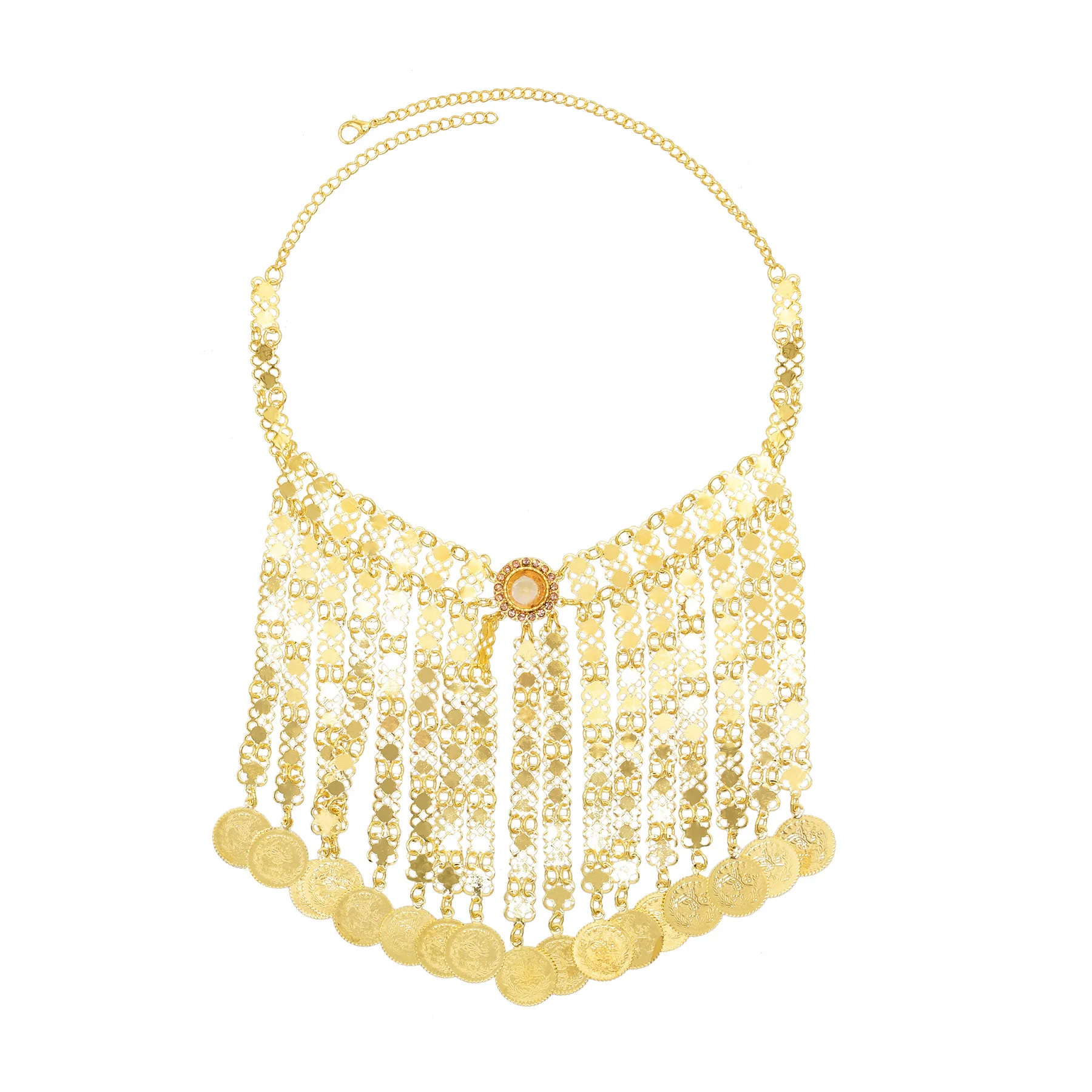 

Baroque Middle Eastern Style Luxury Multi-layer Chains Tassels Gold Plated Coin Statement Choker Necklace for Women