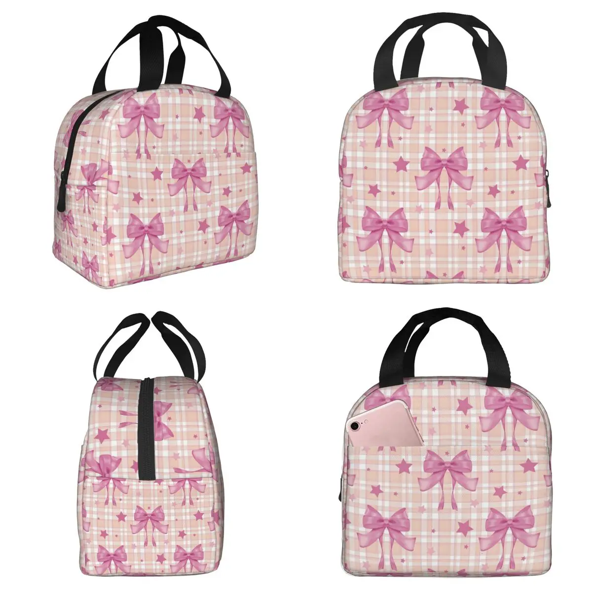 Isolierte Lunchtasche mit rosa Karomuster, Schleifen und Sternen für Damen, Büro-Kühltasche, Thermo-Lebensmittelbox, tragbare Lunchboxen, Behälter