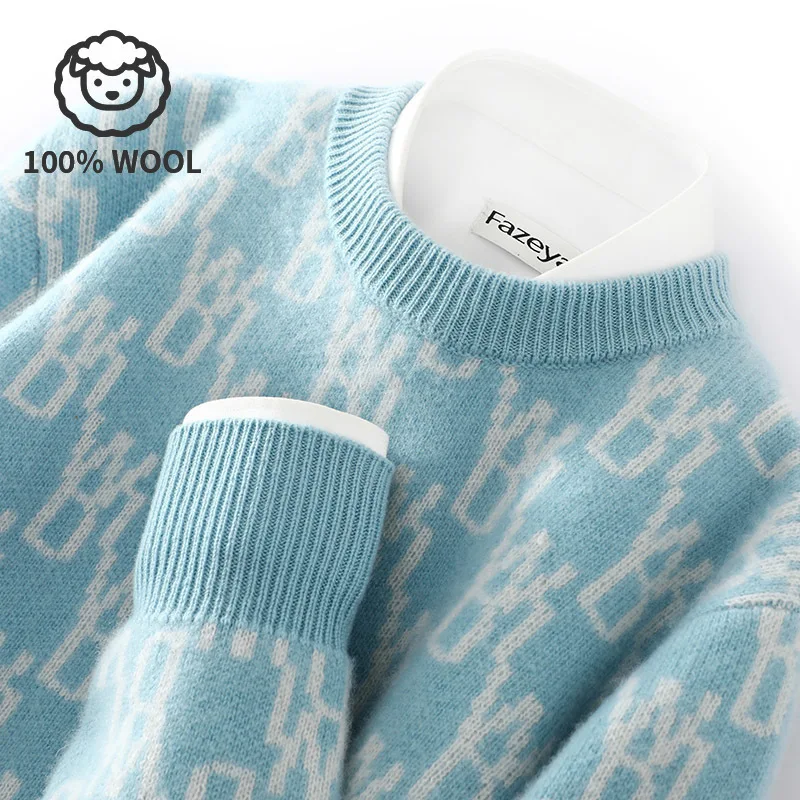 

Unisex 100% Wool Sweater, Color Block Jacquard Round Neck, Loose Fit Winter New, High-end Fashionable Warm