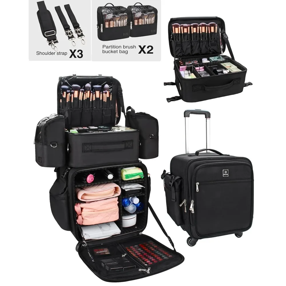 Relavel Rolling Makeup Case Professional Makeup Train Case Makeup Artist Travel Organizer 4 in 1 with Detachable Cosmetic