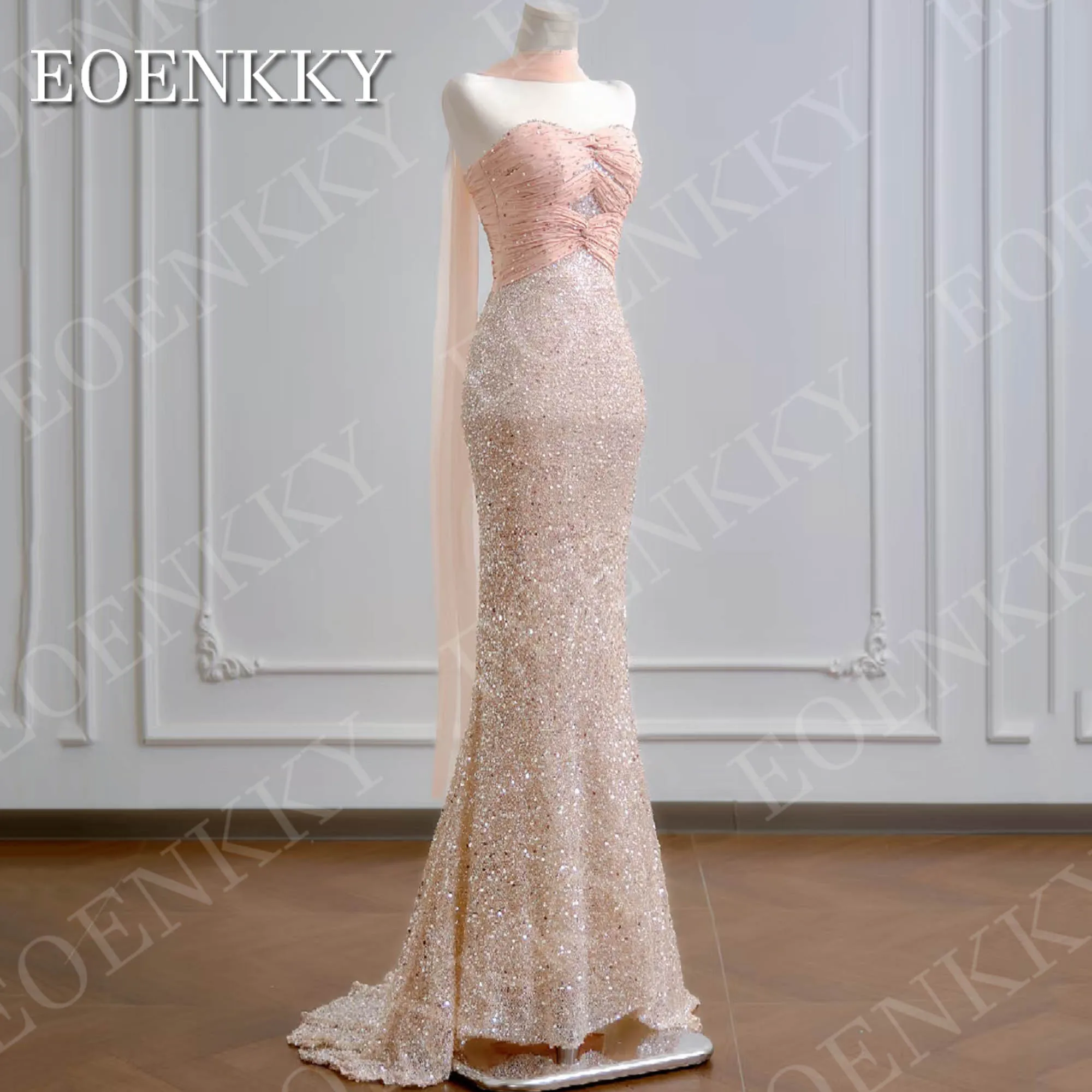ชุดราตรีทรงเมอร์เมดแบบไม่มีสาย ปรับแต่งได้ แขนกุด หรูหรา ประดับเลื่อม คอวี สำหรับงานปาร์ตี้